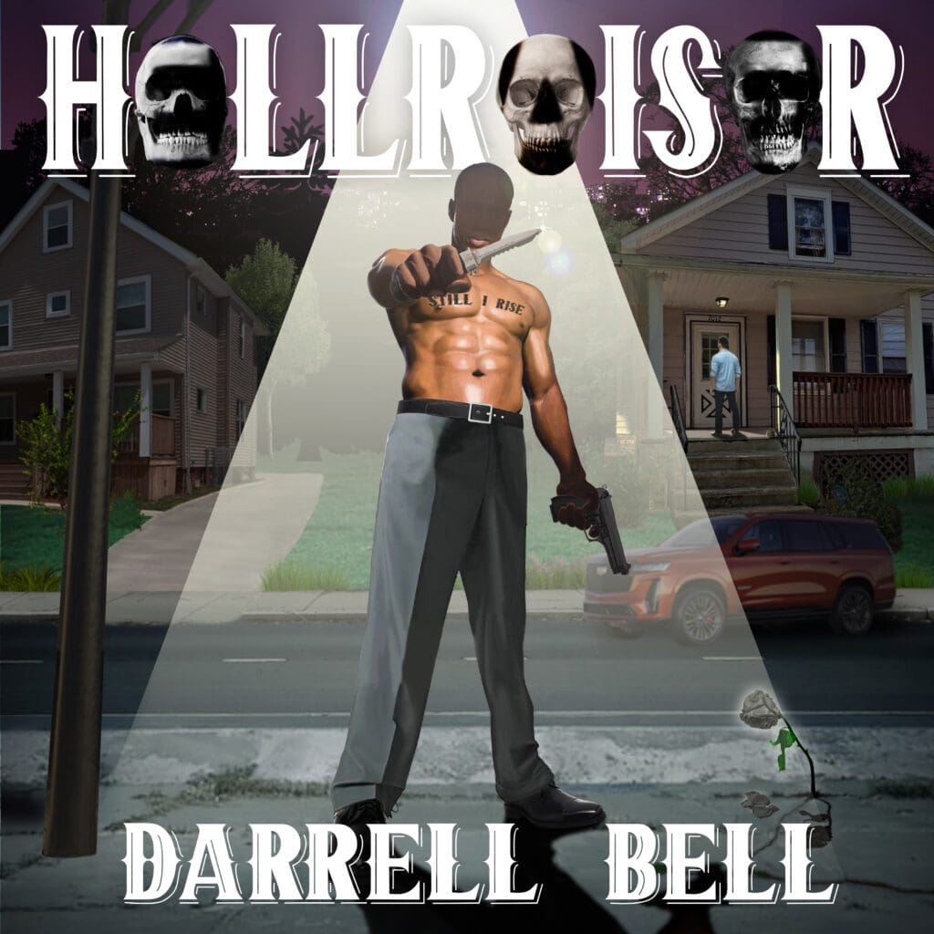 Album cover: shirtless gunman under spotlight