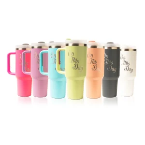 Colorful insulated tumblers with handles in pastel shades.