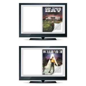 Two TVs displaying vintage movie posters for "On Any Sunday" and "The Warriors."