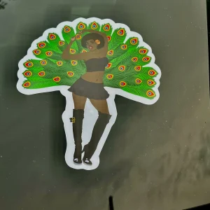 Sticker of a person with a peacock feather fan.