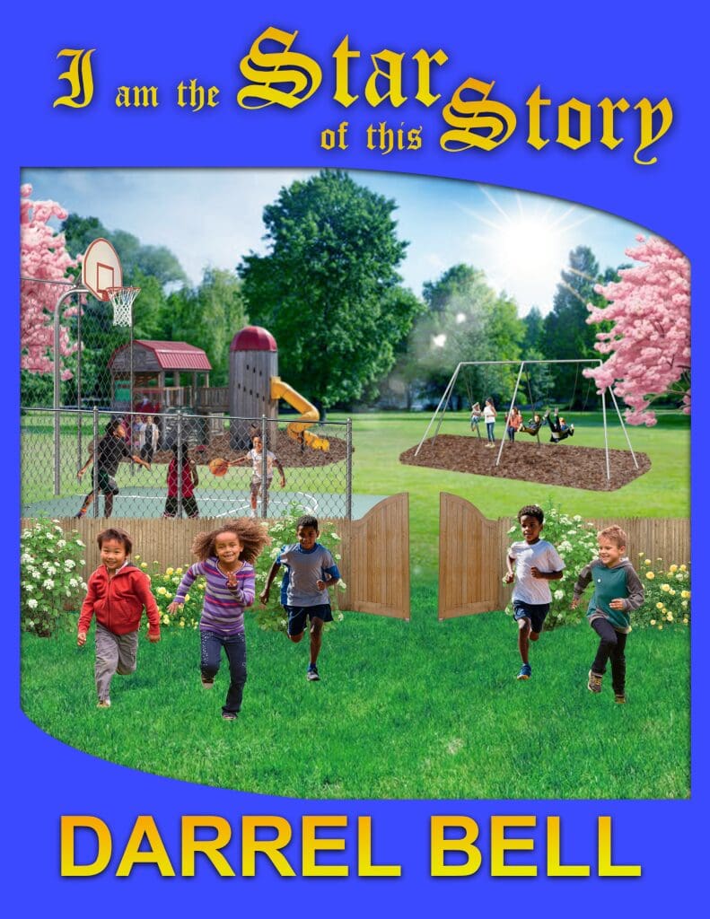 Children running and playing in a sunny playground with slides and basketball courts.