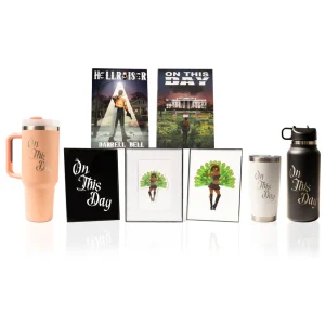 A collection of artistic water bottles and small framed tree designs.