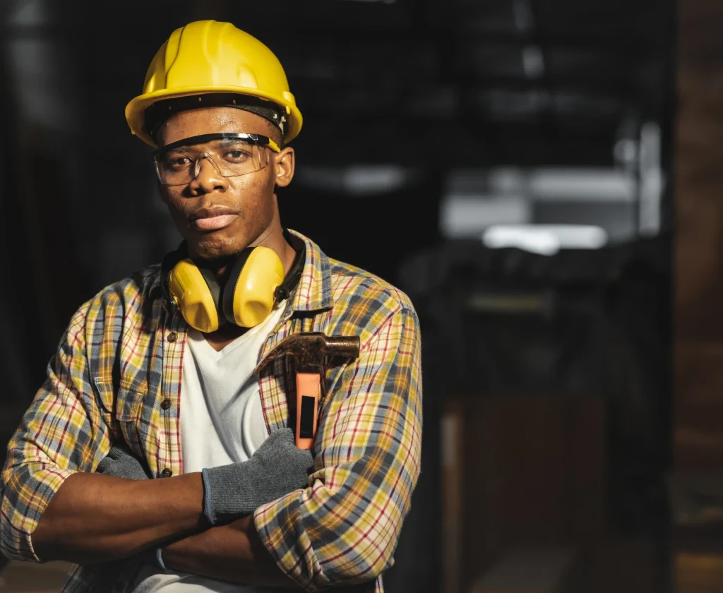 Confident construction worker with safety gear and tools.