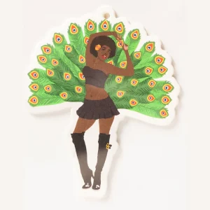 A confident woman with a vibrant peacock tail pose.