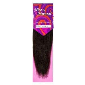 Package of natural black hair extensions.