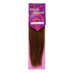 Packaged brown hair extension labeled "Nice & Natural."