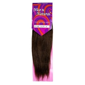 Package of straight, dark brown synthetic hair extensions.