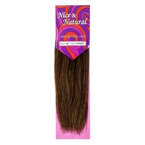 Packaged dark brown straight hair extension labeled "Wet & Natural".
