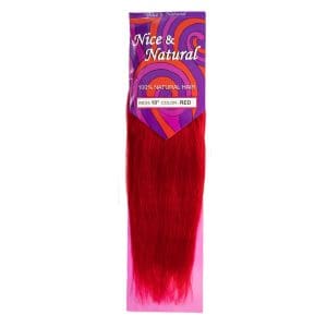 Bright red synthetic hair extension in packaging.