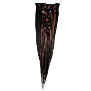 Long, dark brown hair extension with slight reddish tones.