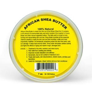 Container of African Shea Butter with product details on the lid.