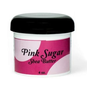A container of Pink Sugar Shea Butter with a black lid.