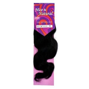 Package of black wavy synthetic hair extension.