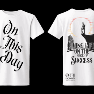 White t-shirts with cursive front and cliff graphic