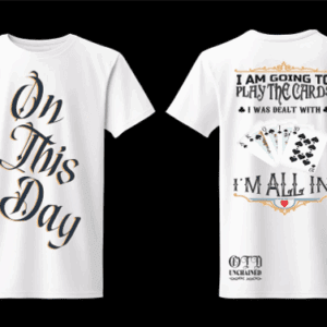 White tee front script, back poker card design