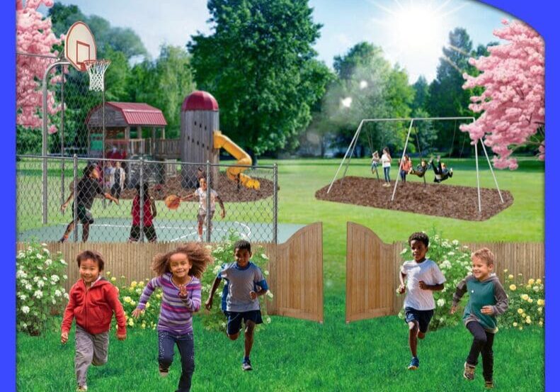 Children running and playing in a sunny playground with slides and basketball courts.