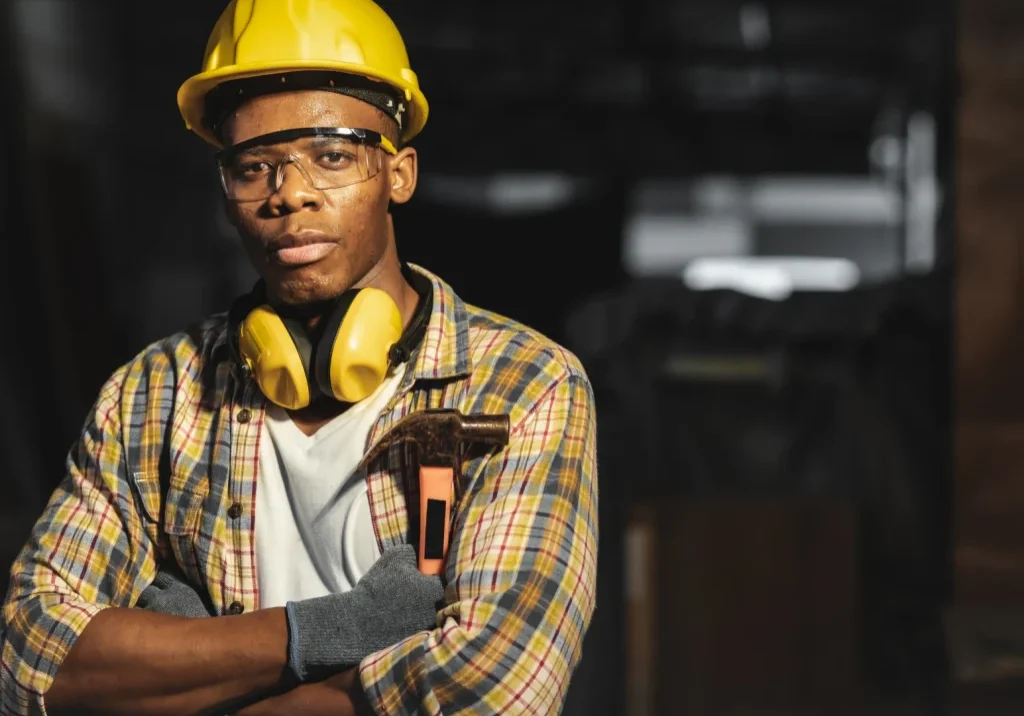 Confident construction worker with safety gear and tools.