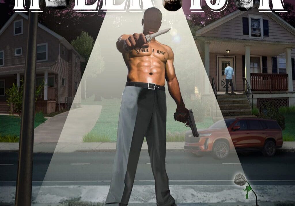 Album cover: shirtless gunman under spotlight